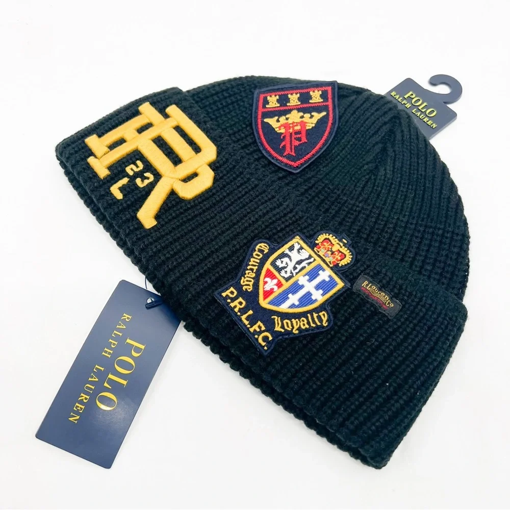 Polo Ralph Lauren BLACK Patched Courage Loyalty Knit Beanie Hat - Picture 2 of 14